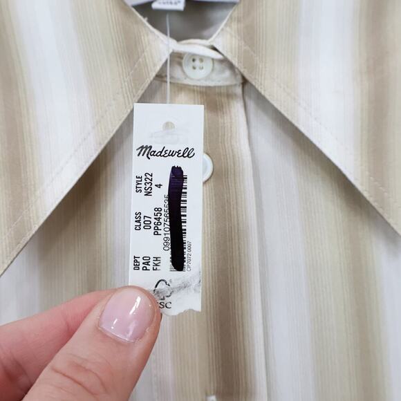 Madewell Slim Button Up Shirt 100% Silk Faded Khaki Stripe Size 4 NWT with Flaw - Picture 5 of 11